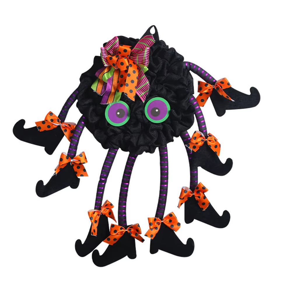 Halloween Themed Wreath with Long Legged Witch and Pumpkin for Front Door Decoration