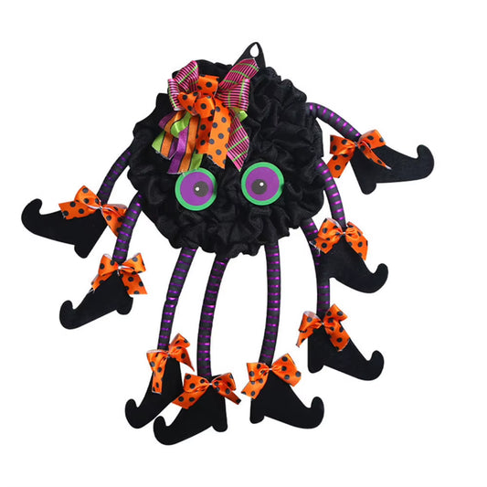 Halloween Themed Wreath with Long Legged Witch and Pumpkin for Front Door Decoration