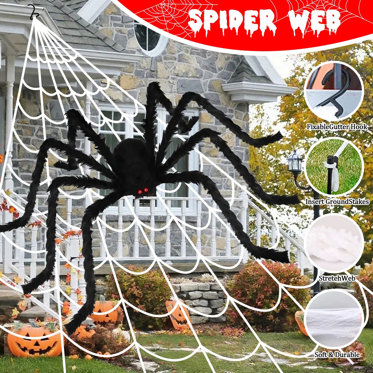 Outdoor Halloween Decorations: 350 LED Spider Web Lights with 79-Inch Giant Spider for Home and Garden Decor