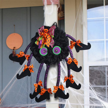 Halloween Themed Wreath with Long Legged Witch and Pumpkin for Front Door Decoration