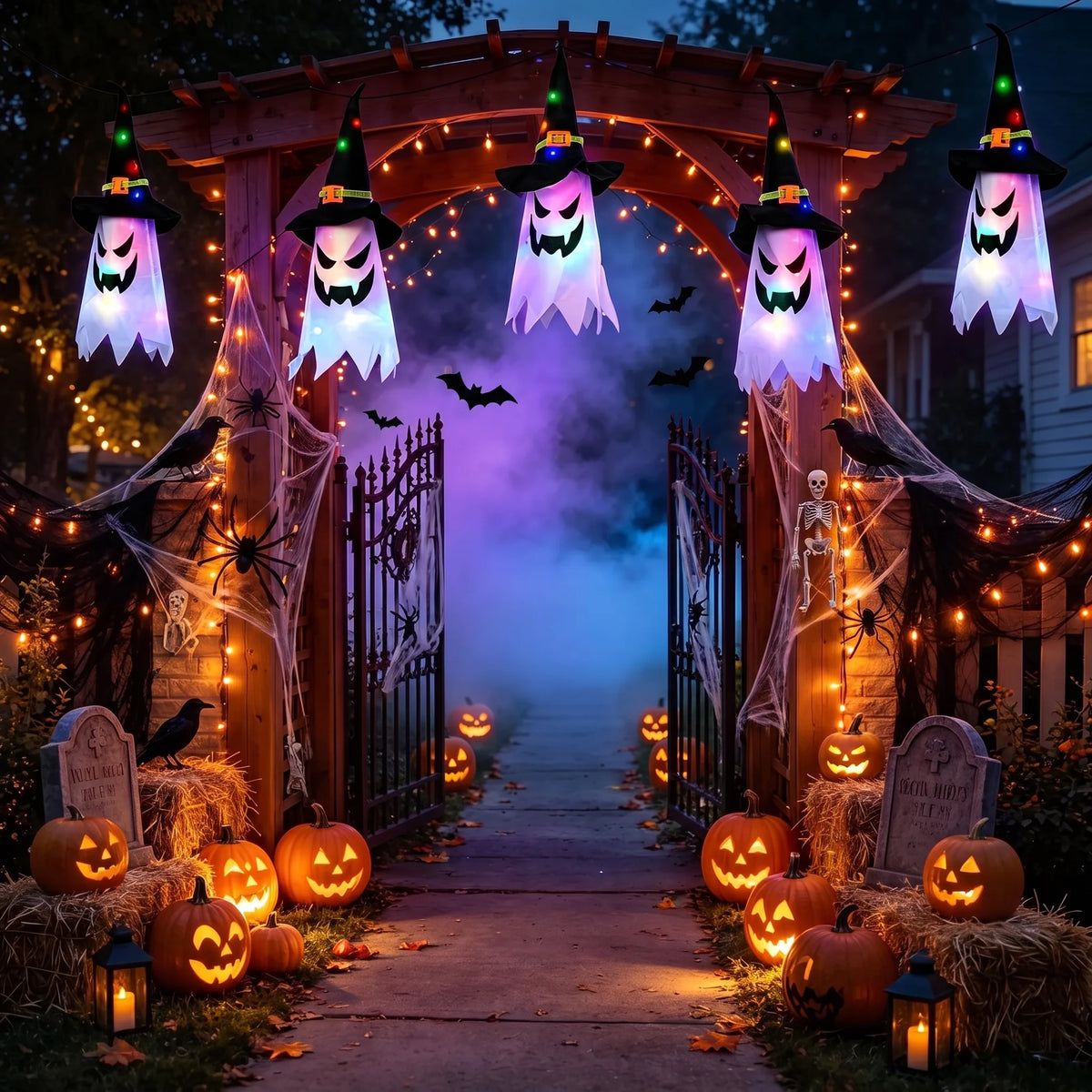 Halloween Indoor and Outdoor Decorations - Set of 5 Glowing Ghost and Witch Hat Ornaments for Home, Garden, and Yard