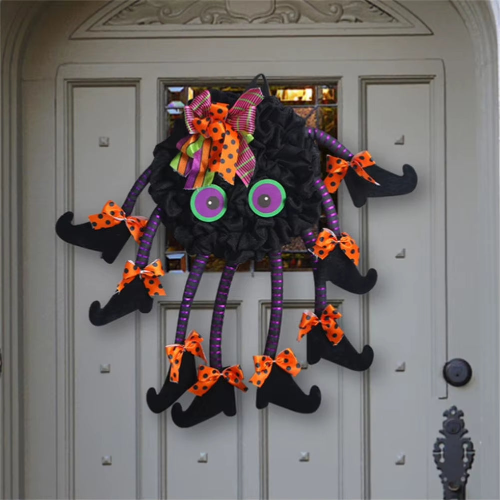 Halloween Themed Wreath with Long Legged Witch and Pumpkin for Front Door Decoration