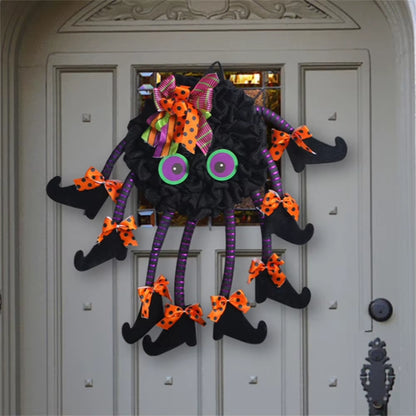 Halloween Themed Wreath with Long Legged Witch and Pumpkin for Front Door Decoration