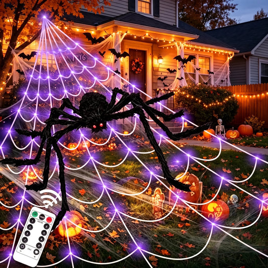 Outdoor Halloween Decorations: 350 LED Spider Web Lights with 79-Inch Giant Spider for Home and Garden Decor