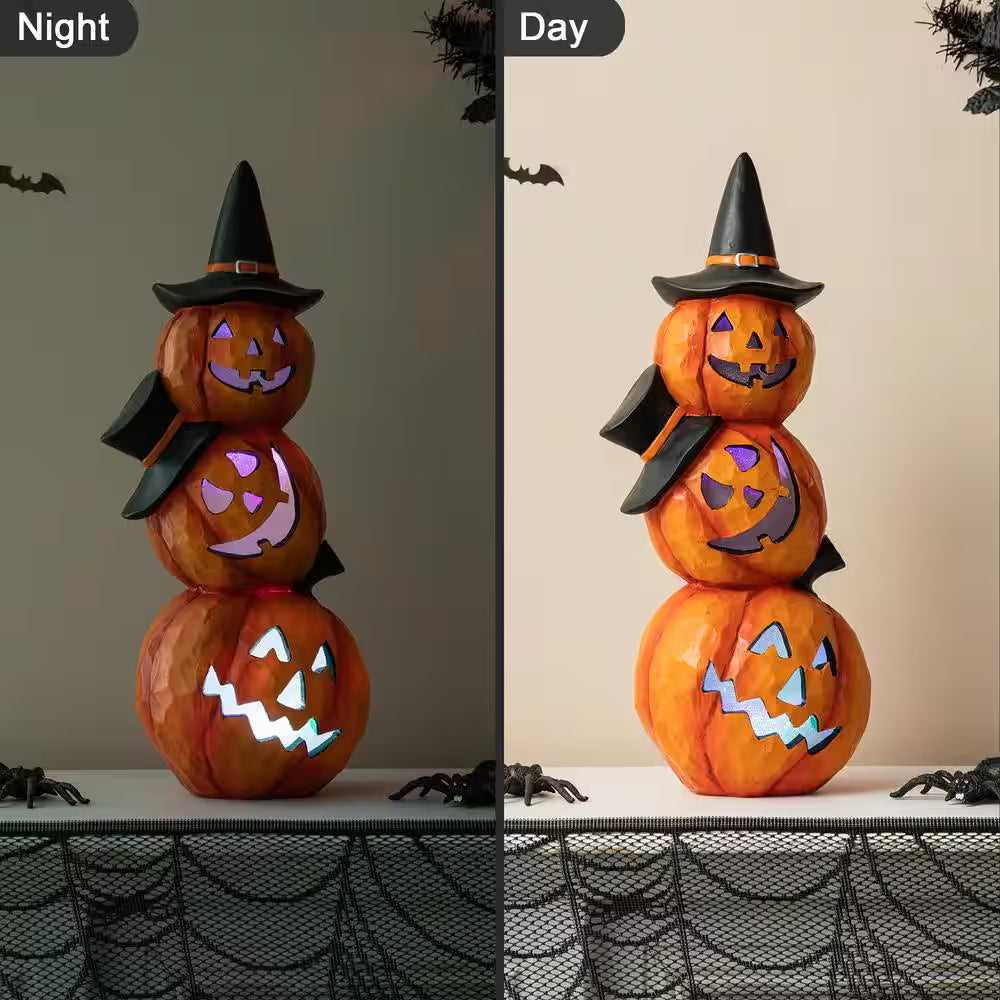 14.25-Inch Halloween Illuminated Stacked Resin Pumpkin Table Decoration
