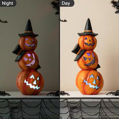 14.25-Inch Halloween Illuminated Stacked Resin Pumpkin Table Decoration