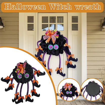 Halloween Themed Wreath with Long Legged Witch and Pumpkin for Front Door Decoration