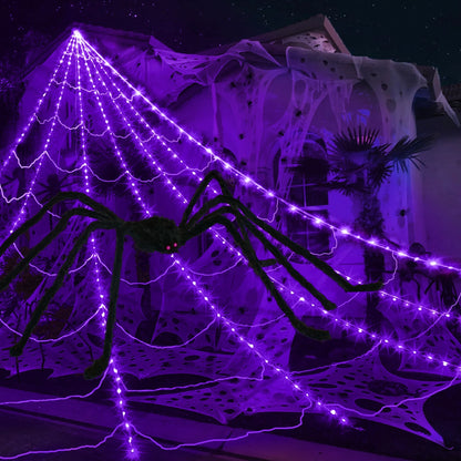 Outdoor Halloween Decorations: 350 LED Spider Web Lights with 79-Inch Giant Spider for Home and Garden Decor