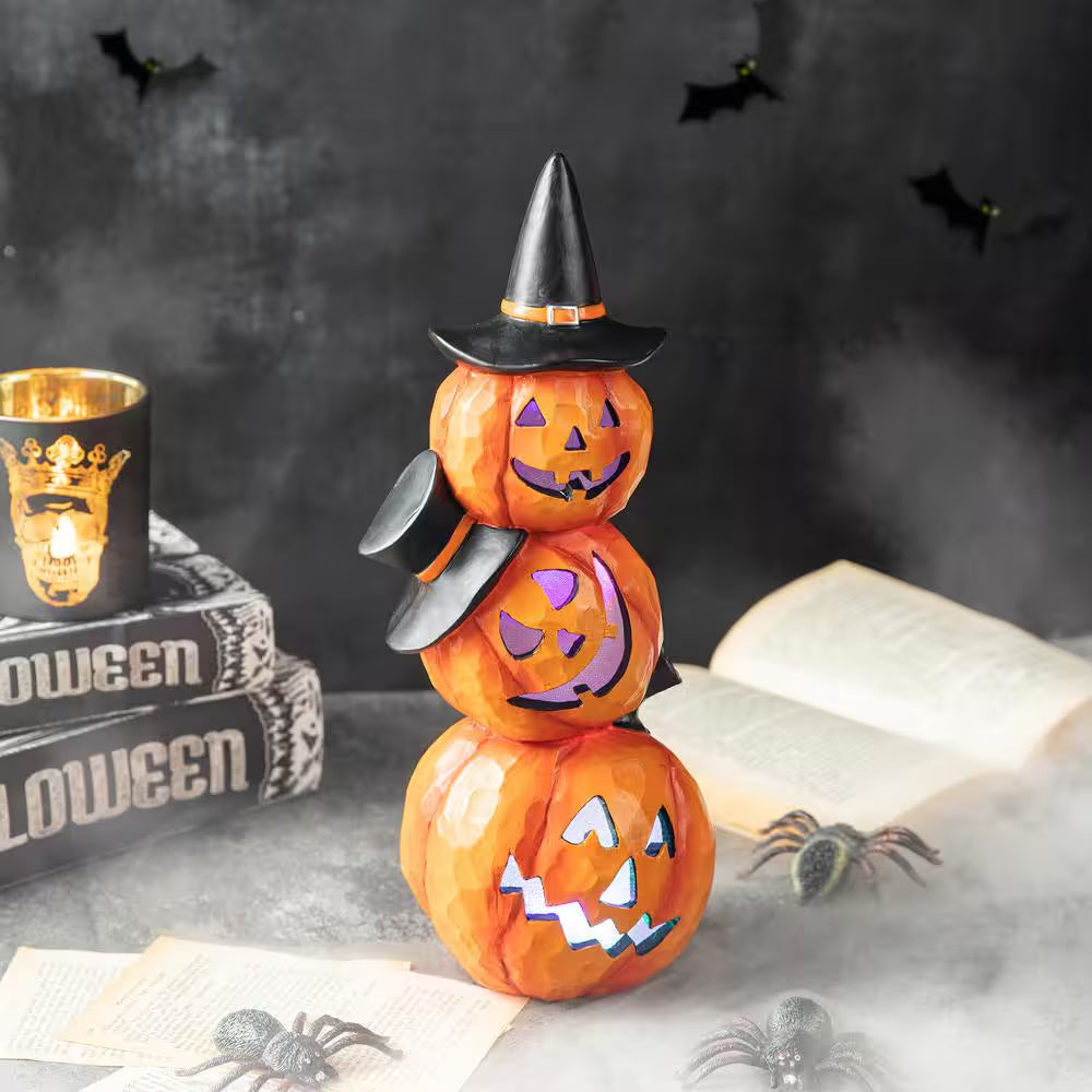14.25-Inch Halloween Illuminated Stacked Resin Pumpkin Table Decoration