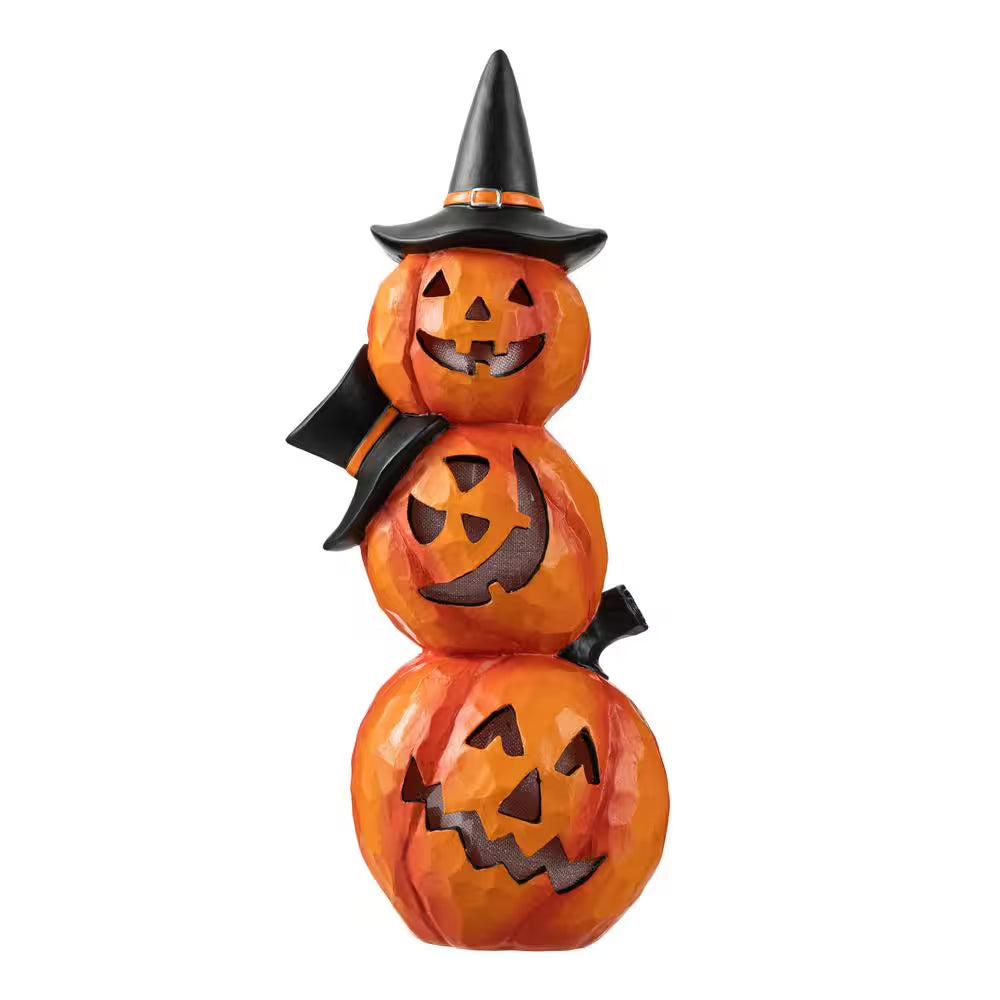 14.25-Inch Halloween Illuminated Stacked Resin Pumpkin Table Decoration