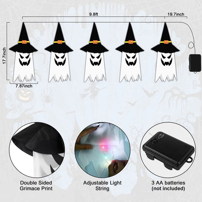 Halloween Indoor and Outdoor Decorations - Set of 5 Glowing Ghost and Witch Hat Ornaments for Home, Garden, and Yard