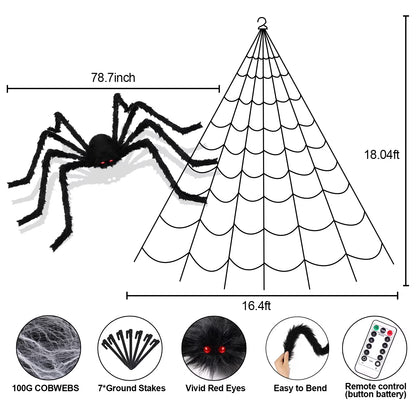 Outdoor Halloween Decorations: 350 LED Spider Web Lights with 79-Inch Giant Spider for Home and Garden Decor
