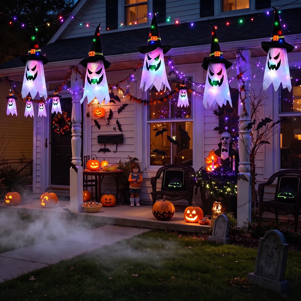 Halloween Indoor and Outdoor Decorations - Set of 5 Glowing Ghost and Witch Hat Ornaments for Home, Garden, and Yard