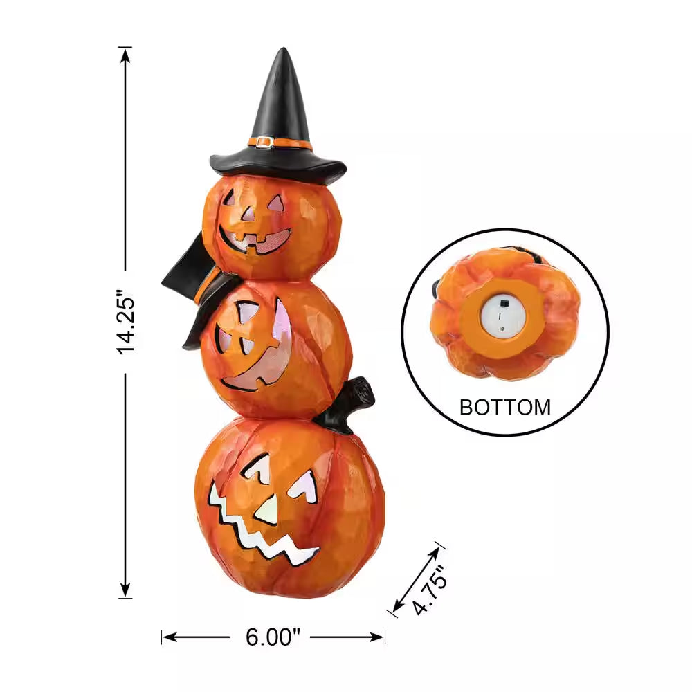 14.25-Inch Halloween Illuminated Stacked Resin Pumpkin Table Decoration
