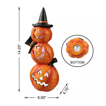 14.25-Inch Halloween Illuminated Stacked Resin Pumpkin Table Decoration