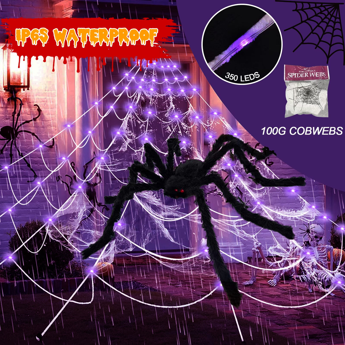 Outdoor Halloween Decorations: 350 LED Spider Web Lights with 79-Inch Giant Spider for Home and Garden Decor
