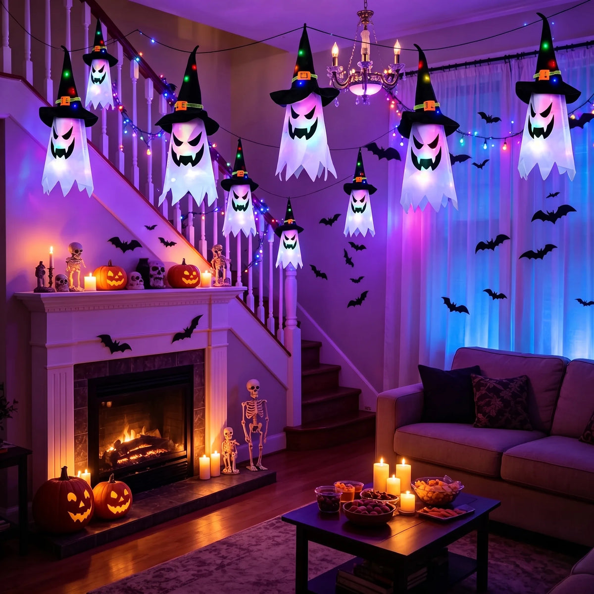 Halloween Indoor and Outdoor Decorations - Set of 5 Glowing Ghost and Witch Hat Ornaments for Home, Garden, and Yard