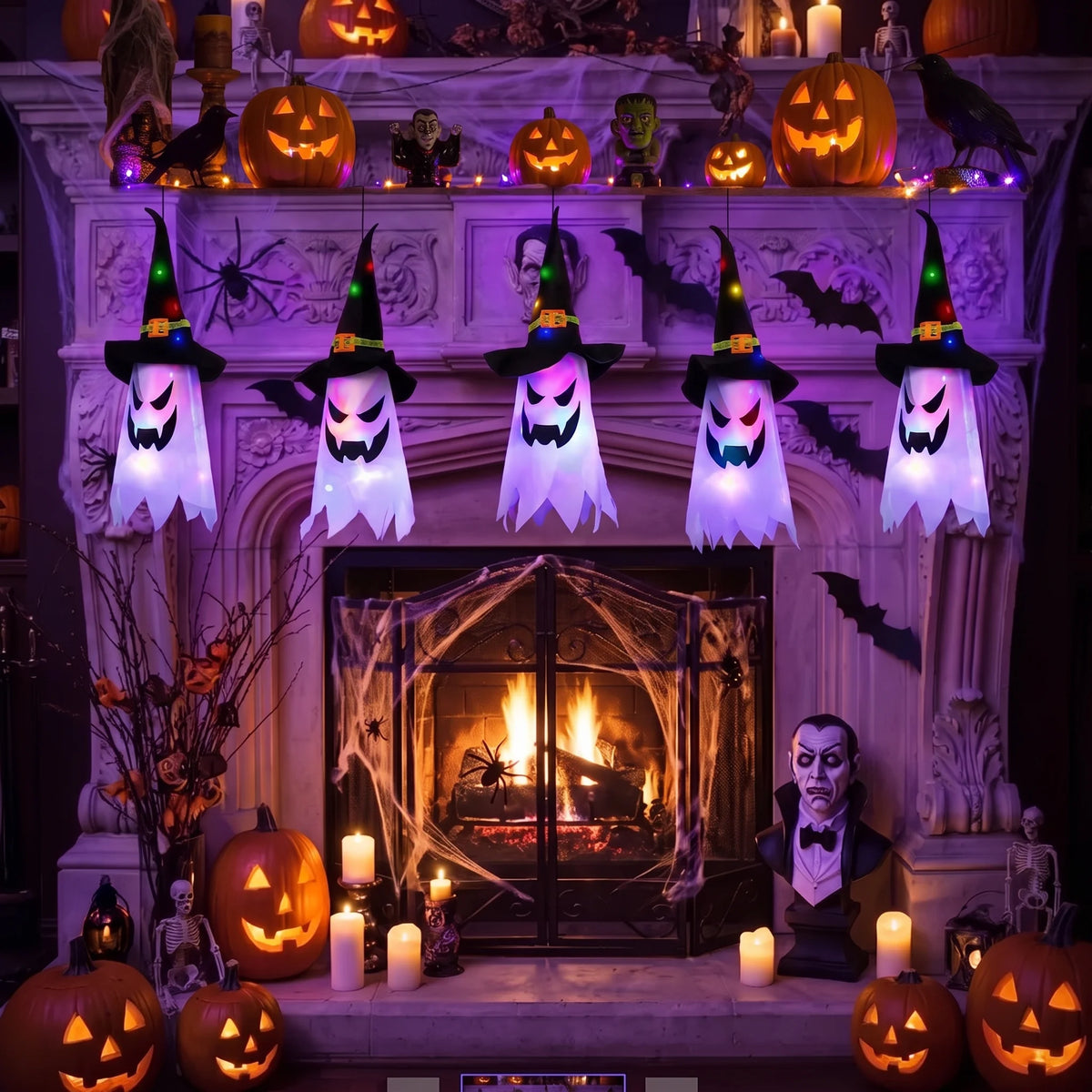 Halloween Indoor and Outdoor Decorations - Set of 5 Glowing Ghost and Witch Hat Ornaments for Home, Garden, and Yard