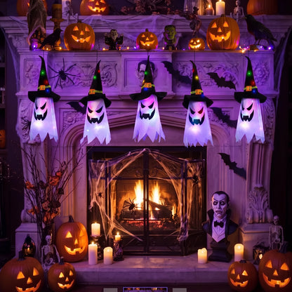 Halloween Indoor and Outdoor Decorations - Set of 5 Glowing Ghost and Witch Hat Ornaments for Home, Garden, and Yard