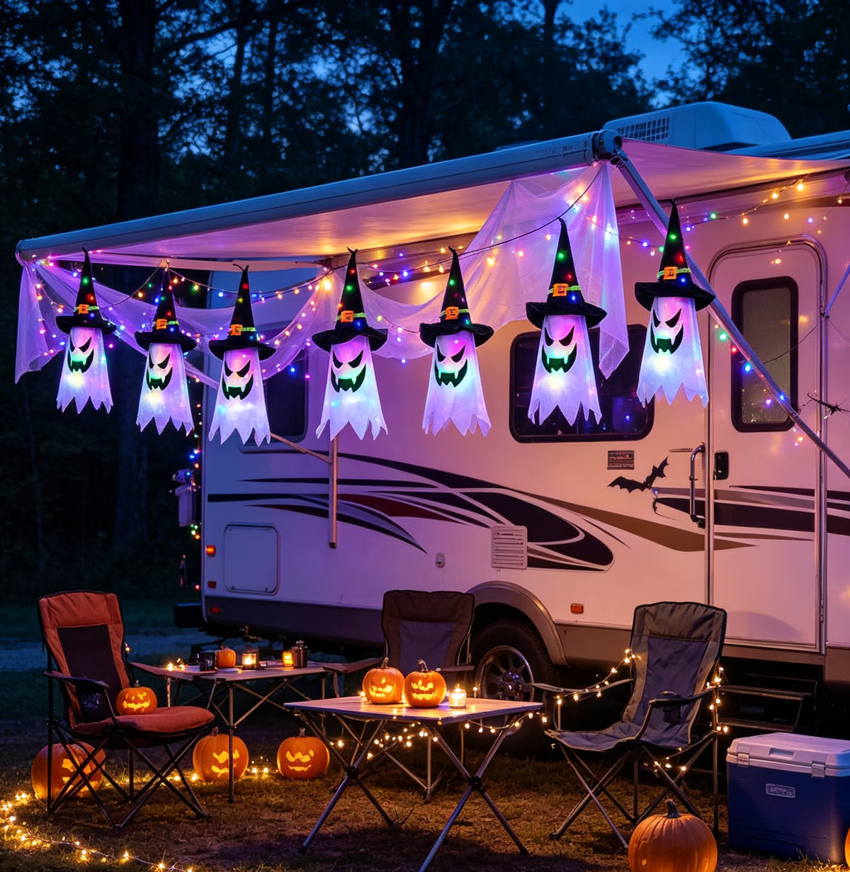 Halloween Indoor and Outdoor Decorations - Set of 5 Glowing Ghost and Witch Hat Ornaments for Home, Garden, and Yard