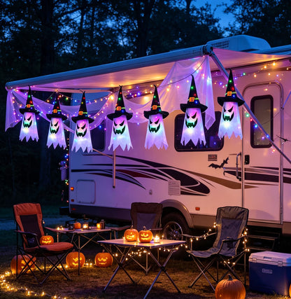 Halloween Indoor and Outdoor Decorations - Set of 5 Glowing Ghost and Witch Hat Ornaments for Home, Garden, and Yard