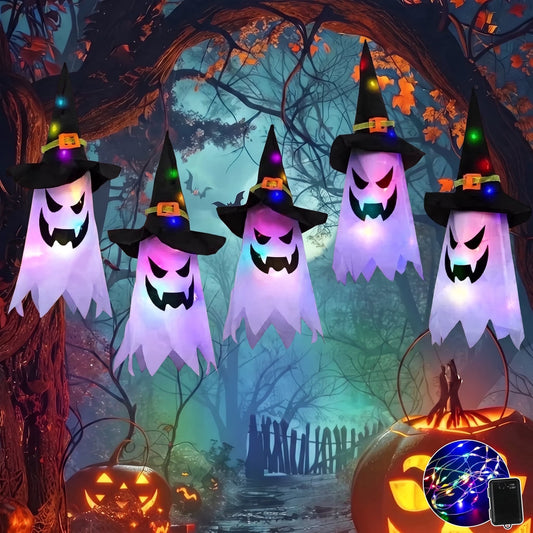 Halloween Indoor and Outdoor Decorations - Set of 5 Glowing Ghost and Witch Hat Ornaments for Home, Garden, and Yard