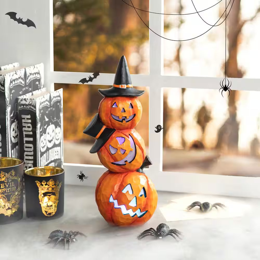 14.25-Inch Halloween Illuminated Stacked Resin Pumpkin Table Decoration