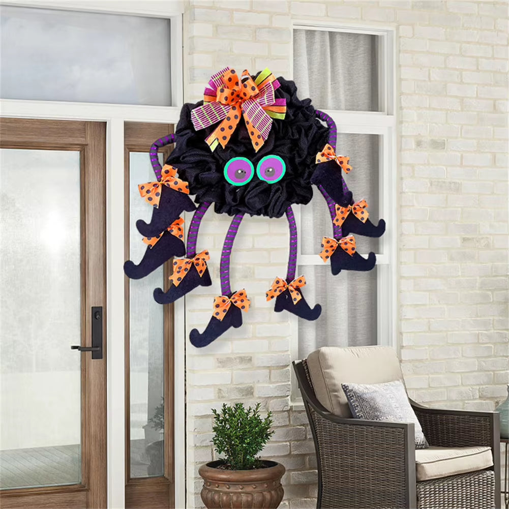 Halloween Themed Wreath with Long Legged Witch and Pumpkin for Front Door Decoration