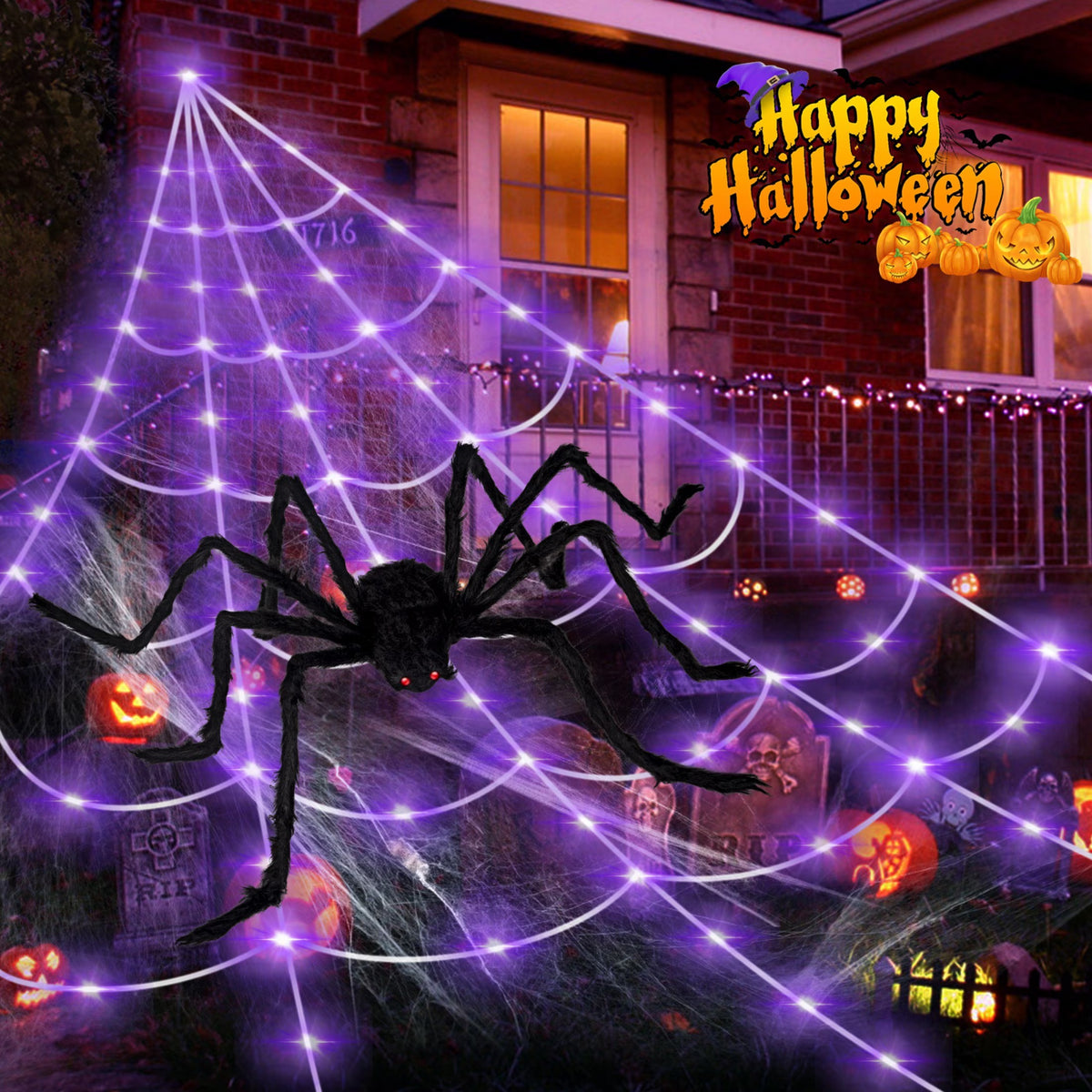 Outdoor Halloween Decorations: 350 LED Spider Web Lights with 79-Inch Giant Spider for Home and Garden Decor