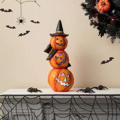 14.25-Inch Halloween Illuminated Stacked Resin Pumpkin Table Decoration